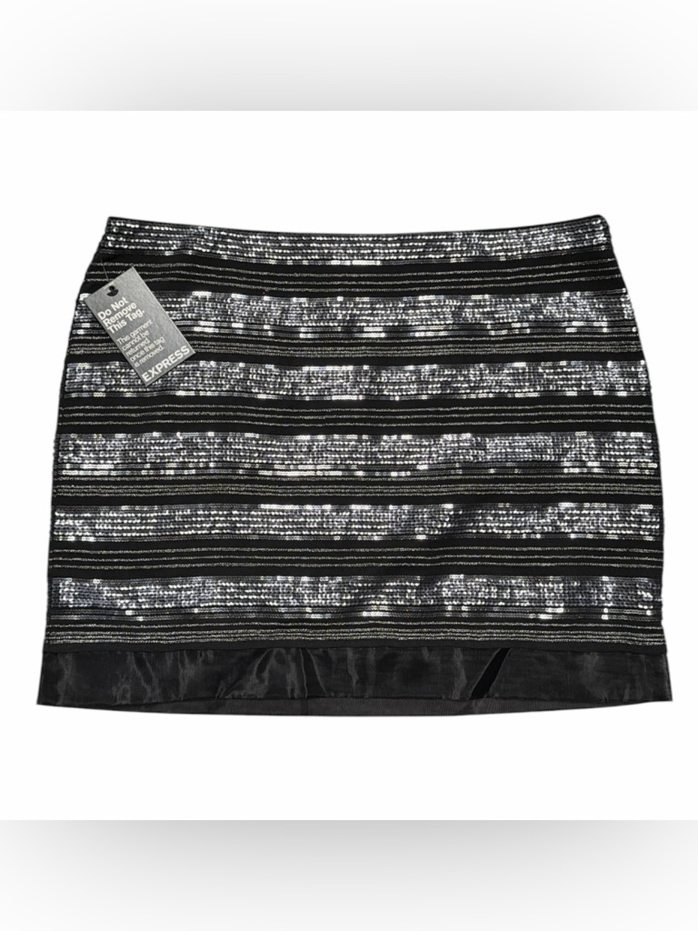 NWT Express Black+Silver Sequin Stripe Mini Skirt Size 10